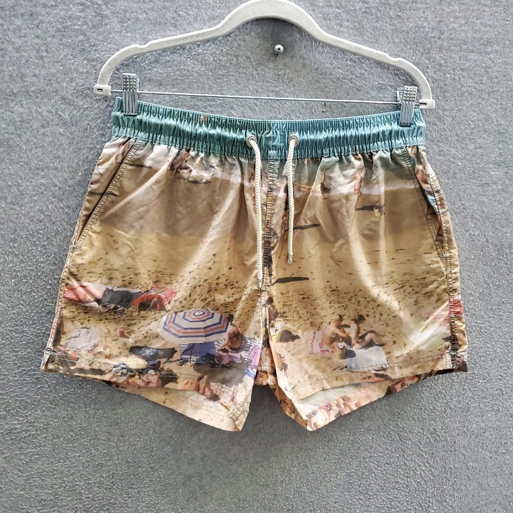 Atalaye Men Swim Shorts Medium‎ Sand Beach Scene Graphic French NWT